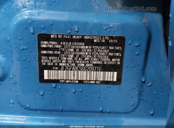 JF2GPABC5GG209731 2016 SUBARU CROSSTREK Синий Вид подкапотного пространства