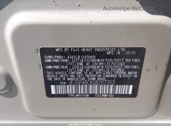 JF2GPABC6G8207352 2016 SUBARU CROSSTREK Tan Widok komory silnika