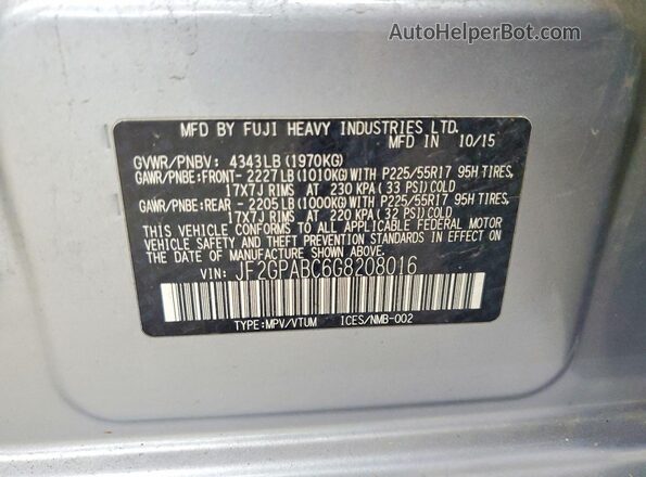 JF2GPABC6G8208016 2016 SUBARU CROSSTREK Silver Vista de la etiqueta del VIN