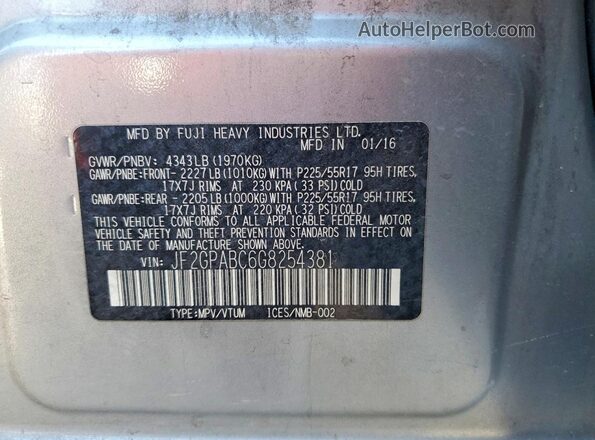 JF2GPABC6G8254381 2016 SUBARU CROSSTREK Silver Vista de la etiqueta del VIN