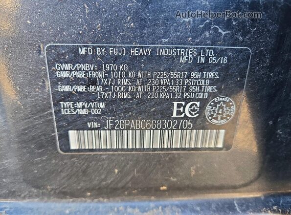 JF2GPABC6G8302705 2016 SUBARU CROSSTREK Charcoal Widok naklejki z numerem VIN