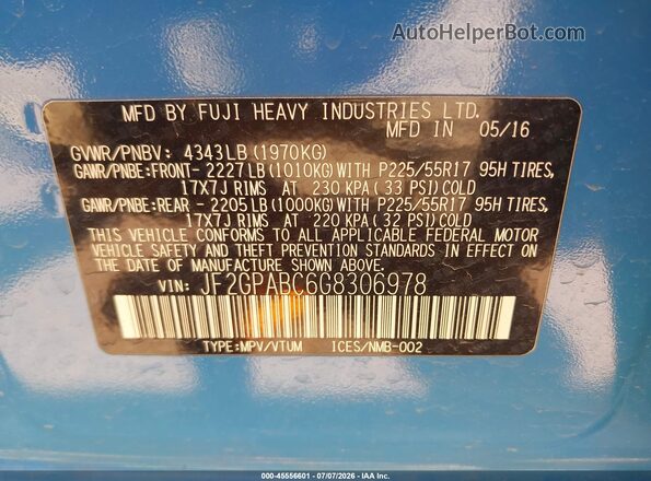 JF2GPABC6G8306978 2016 SUBARU CROSSTREK Light Blue Շարժիչի բաժամունքի տեսք