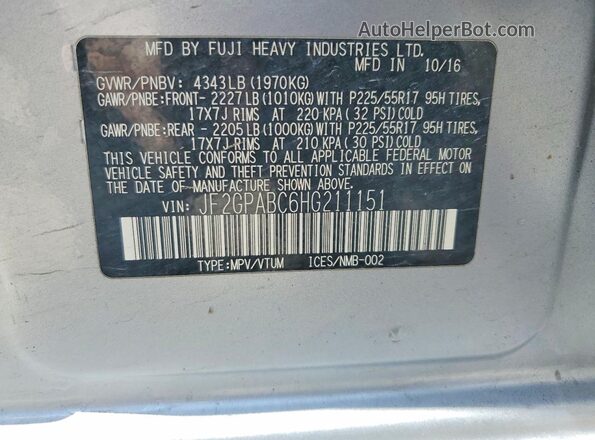 JF2GPABC6HG211151 2017 SUBARU CROSSTREK Silver VIN კოდის სტიკერის ხედი