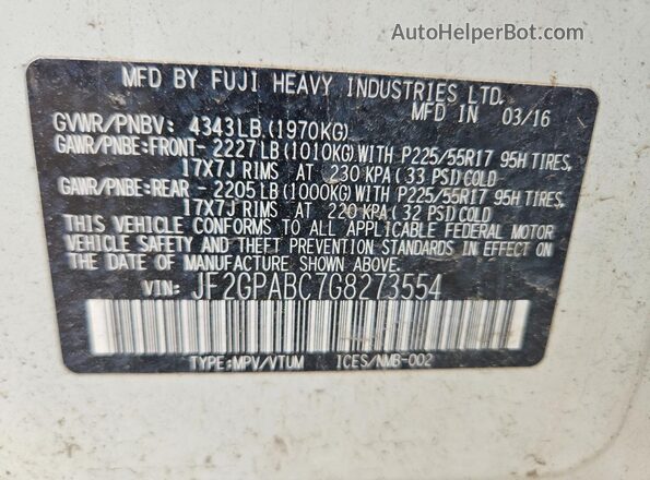 JF2GPABC7G8273554 2016 SUBARU CROSSTREK Белый Вид подкапотного пространства
