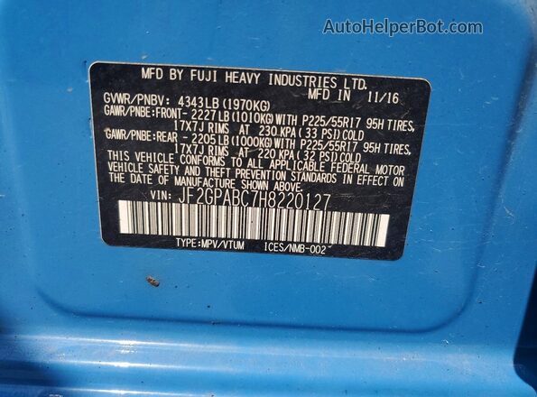 JF2GPABC7H8220127 2017 SUBARU CROSSTREK Blue Вид наклейки з VIN-кодом