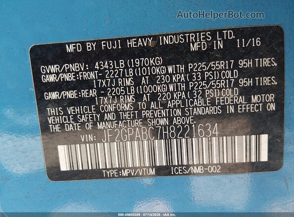 JF2GPABC7H8221634 2017 SUBARU CROSSTREK Light Blue ძრავის განყოფილების ხედი