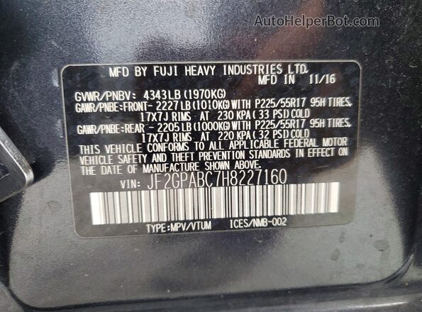 JF2GPABC7H8227160 2017 SUBARU CROSSTREK Charcoal VIN კოდის სტიკერის ხედი