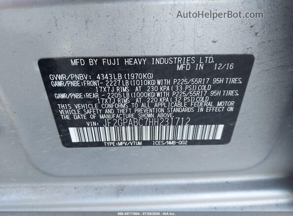JF2GPABC7HH231712 2017 SUBARU CROSSTREK Gray Engine compartment view