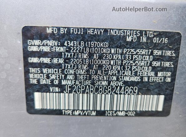 JF2GPABC8G8244869 2016 SUBARU CROSSTREK Silver ძრავის განყოფილების ხედი
