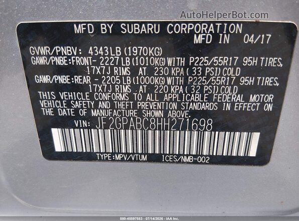 JF2GPABC8HH271698 2017 SUBARU CROSSTREK Silver Вид підкапотного простору