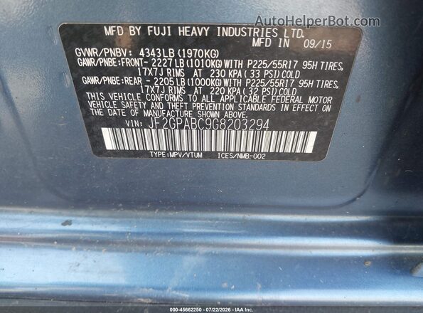 JF2GPABC9G8203294 2016 SUBARU CROSSTREK Blue Vista del compartimento del motor