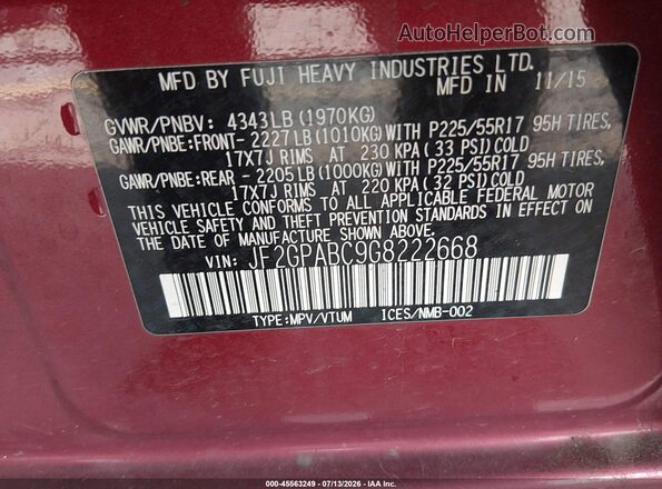 JF2GPABC9G8222668 2016 SUBARU CROSSTREK Red ძრავის განყოფილების ხედი