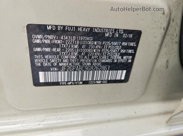 JF2GPABC9G8262863 2016 SUBARU CROSSTREK Beige Սալոնի 360 աստիճան տեսք