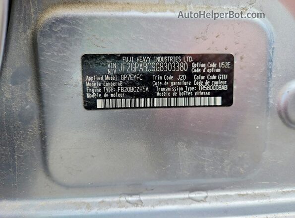 JF2GPABC9G8303380 2016 SUBARU CROSSTREK Silver Widok wnętrza 360 stopni