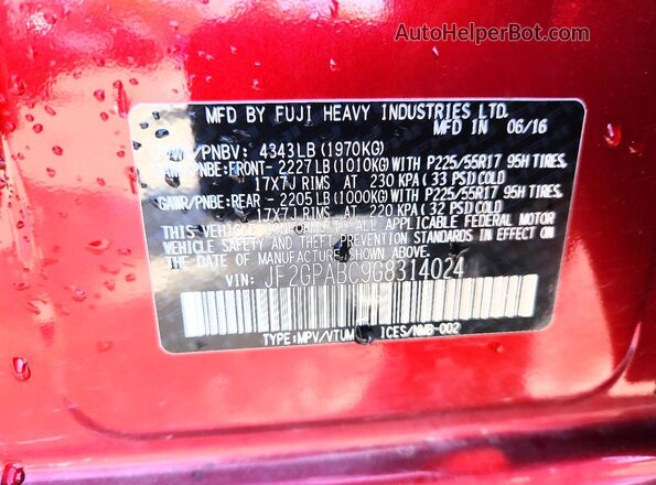 JF2GPABC9G8314024 2016 SUBARU CROSSTREK Red Widok naklejki z numerem VIN