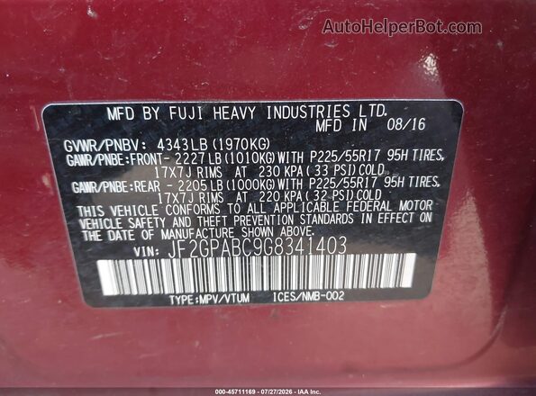JF2GPABC9G8341403 2016 SUBARU CROSSTREK Red Engine compartment view
