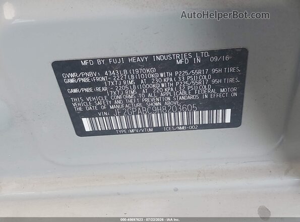 JF2GPABC9H8203605 2017 SUBARU CROSSTREK Gray ძრავის განყოფილების ხედი