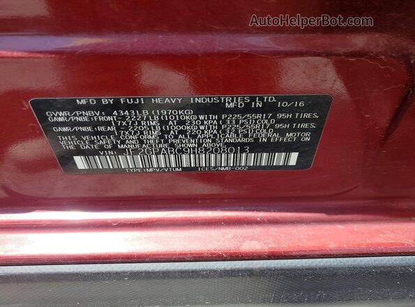 JF2GPABC9H8208013 2017 SUBARU CROSSTREK Maroon Vista de la etiqueta del VIN