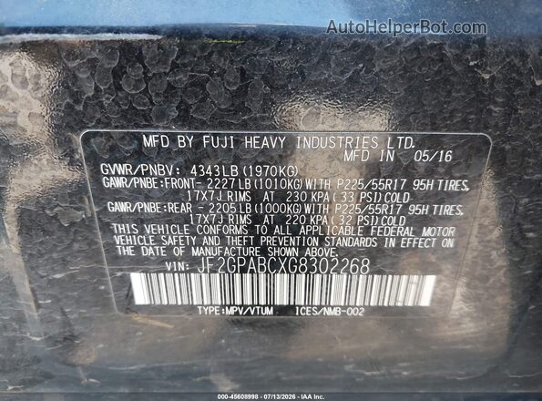 JF2GPABCXG8302268 2016 SUBARU CROSSTREK Black Engine compartment view