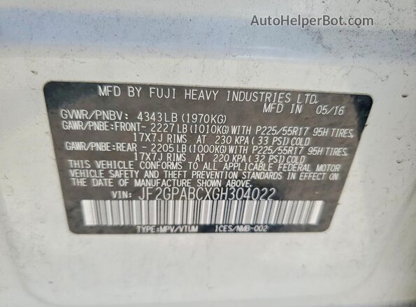 JF2GPABCXGH304022 2016 SUBARU CROSSTREK White Вид підкапотного простору