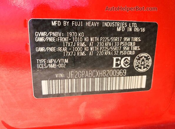 JF2GPABCXH8200969 2017 SUBARU CROSSTREK Red Vista de la etiqueta del VIN