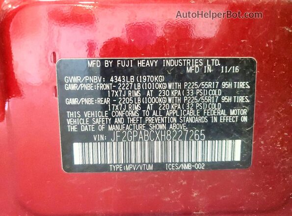 JF2GPABCXH8227265 2017 SUBARU CROSSTREK Red 360 interior view