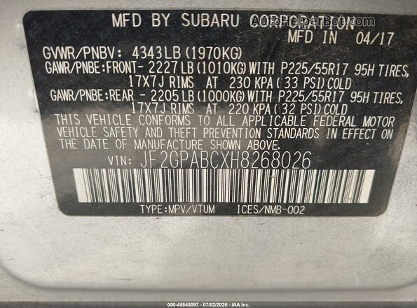 JF2GPABCXH8268026 2017 SUBARU CROSSTREK Silver Вид підкапотного простору