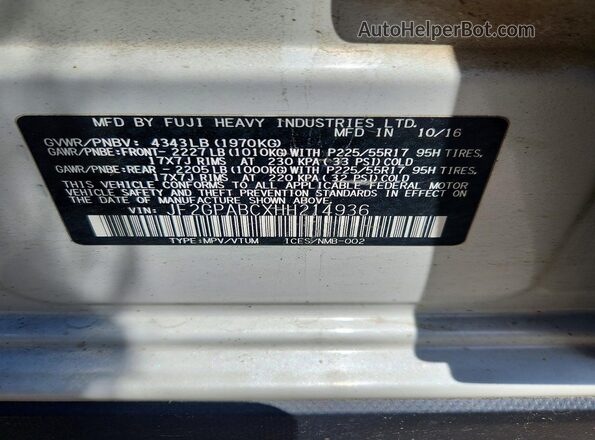 JF2GPABCXHH214936 2017 SUBARU CROSSTREK White VIN sticker view