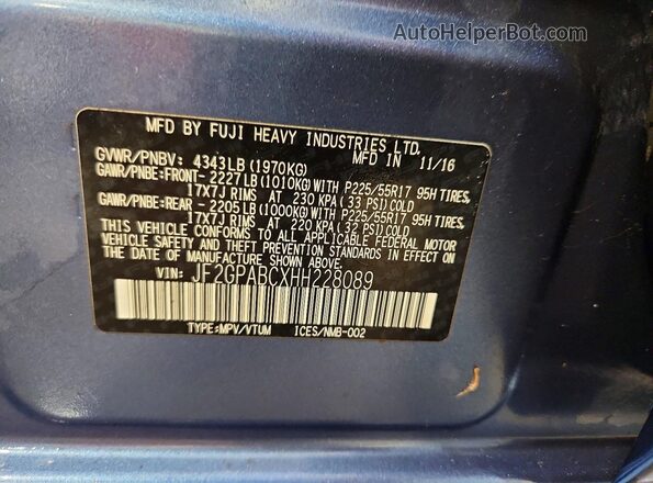 JF2GPABCXHH228089 2017 SUBARU CROSSTREK Blue Панорамний вид салону 360°