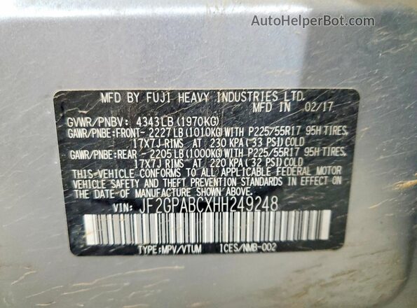 JF2GPABCXHH249248 2017 SUBARU CROSSTREK Silver Շարժիչի բաժամունքի տեսք