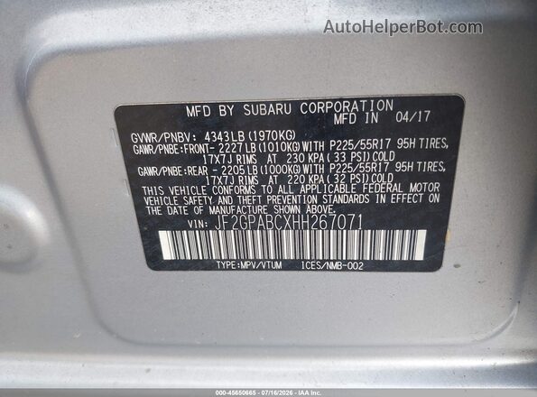 JF2GPABCXHH267071 2017 SUBARU CROSSTREK Silver Շարժիչի բաժամունքի տեսք
