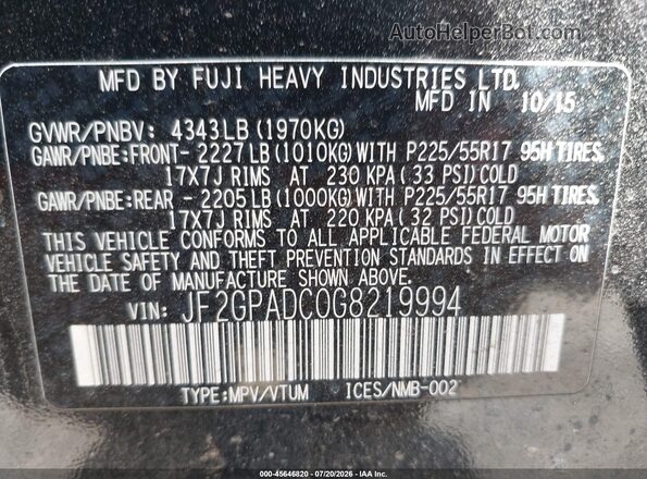 JF2GPADC0G8219994 2016 SUBARU CROSSTREK Черный Вид подкапотного пространства