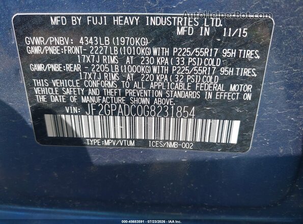 JF2GPADC0G8231854 2016 SUBARU CROSSTREK Blue Engine compartment view