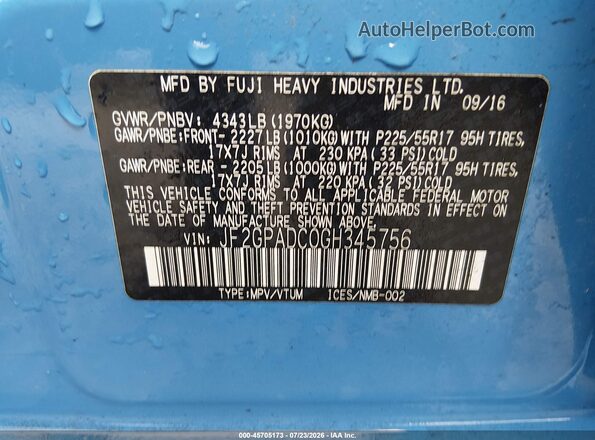 JF2GPADC0GH345756 2016 SUBARU CROSSTREK Blue Engine compartment view