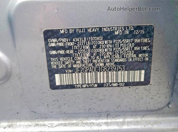 JF2GPADC1G8239753 2016 SUBARU CROSSTREK Silver სალონის 360-გრადუსიანი ხედი