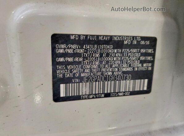 JF2GPADC1GH340730 2016 SUBARU CROSSTREK White სალონის 360-გრადუსიანი ხედი