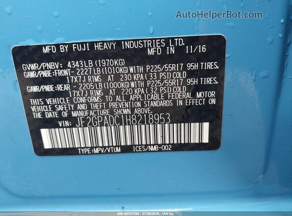 JF2GPADC1H8218953 2017 SUBARU CROSSTREK Blue Vista del compartimento del motor