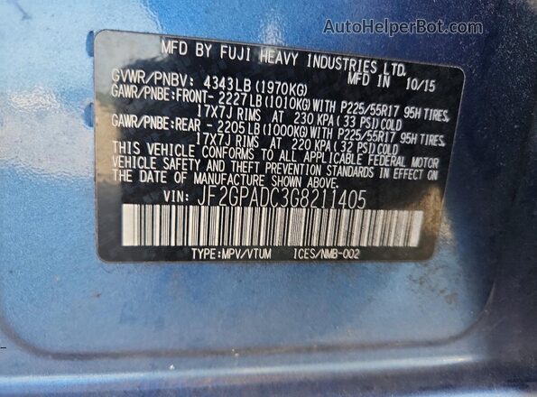 JF2GPADC3G8211405 2016 SUBARU CROSSTREK Blue VIN კოდის სტიკერის ხედი