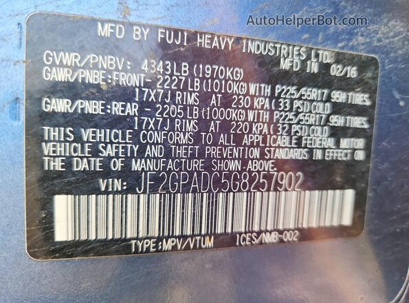 JF2GPADC5G8257902 2016 SUBARU CROSSTREK Синий Вид наклейки с VIN-кодом