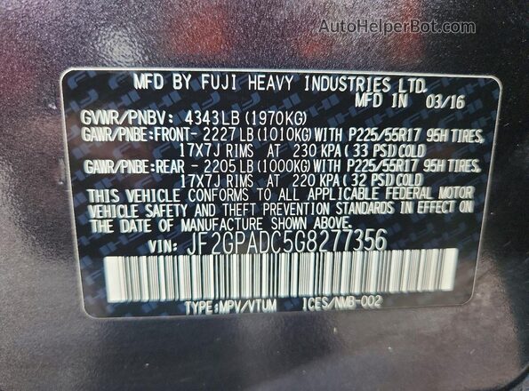 JF2GPADC5G8277356 2016 SUBARU CROSSTREK Gray Սալոնի 360 աստիճան տեսք