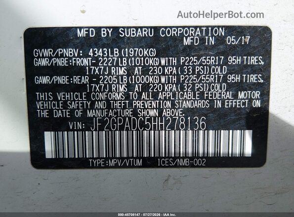 JF2GPADC5HH278136 2017 SUBARU CROSSTREK White Engine compartment view