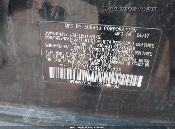 JF2GPADC8H8270225 2017 SUBARU CROSSTREK Black Շարժիչի բաժամունքի տեսք