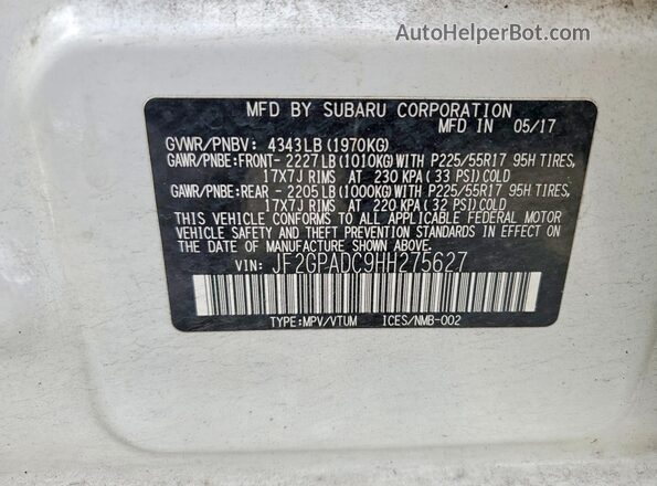 JF2GPADC9HH275627 2017 SUBARU CROSSTREK White VIN կոդի պիտակի տեսք