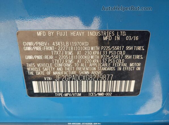 JF2GPADCXG8279877 2016 SUBARU CROSSTREK Blue Вид підкапотного простору