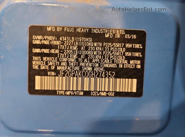 JF2GPAKC0GH274352 2016 SUBARU CROSSTREK Blue VIN კოდის სტიკერის ხედი