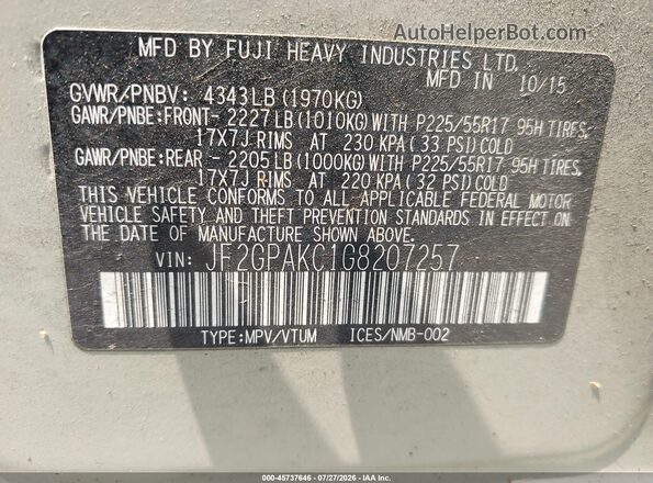 JF2GPAKC1G8207257 2016 SUBARU CROSSTREK Зеленый Вид подкапотного пространства