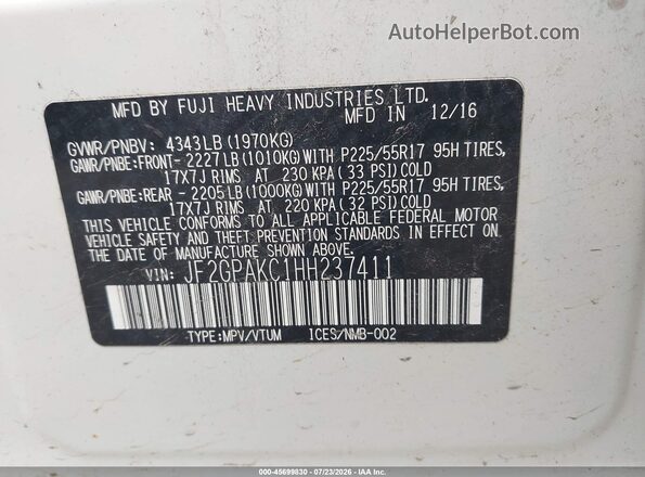 JF2GPAKC1HH237411 2017 SUBARU CROSSTREK White Vista del compartimento del motor