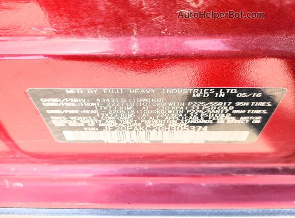 JF2GPAKC2GH305374 2016 SUBARU CROSSTREK Red Widok komory silnika
