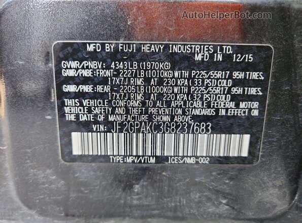 JF2GPAKC3G8237683 2016 SUBARU CROSSTREK Gray Vista de la etiqueta del VIN