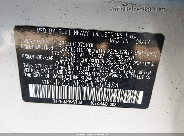 JF2GPAKC5HH261484 2017 SUBARU CROSSTREK Белый Вид подкапотного пространства